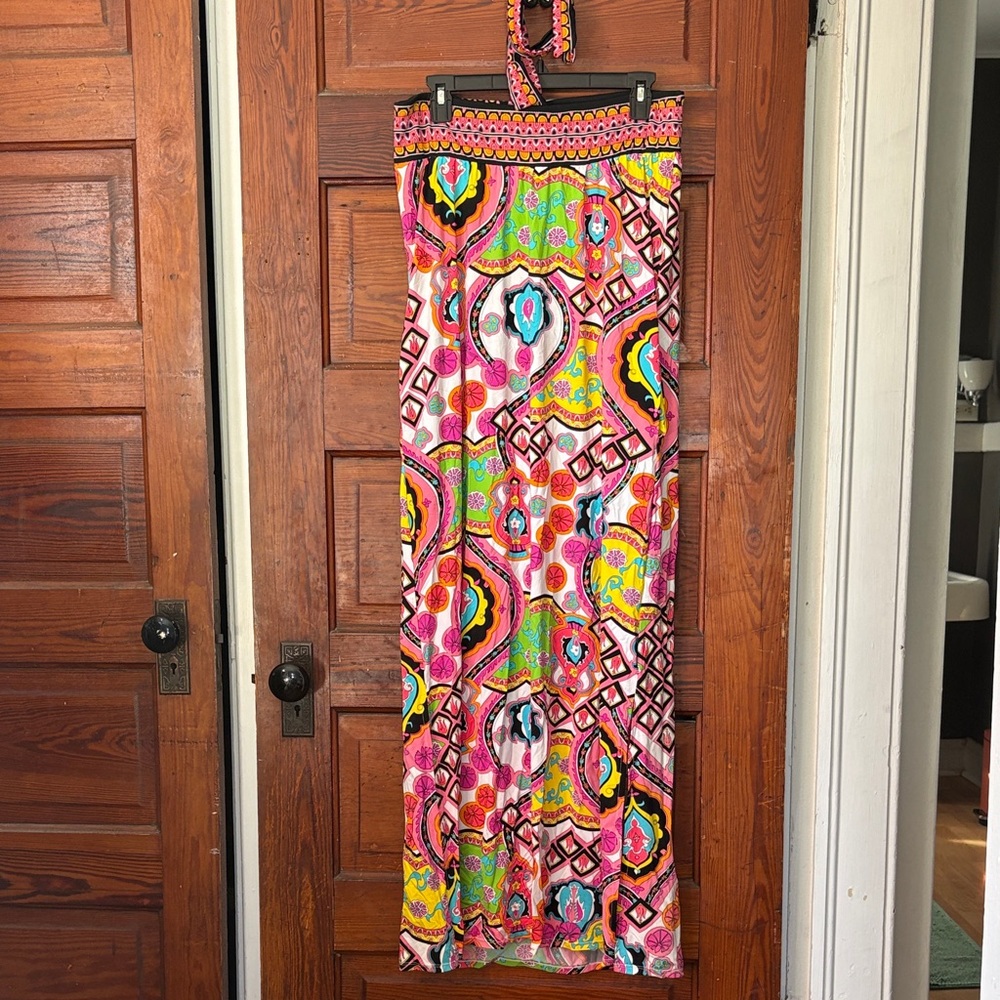 Trina Turk Swim Spa Collection Stretch Maxi Long Halter Dress Cover Up Sz M - Picture 2 of 7